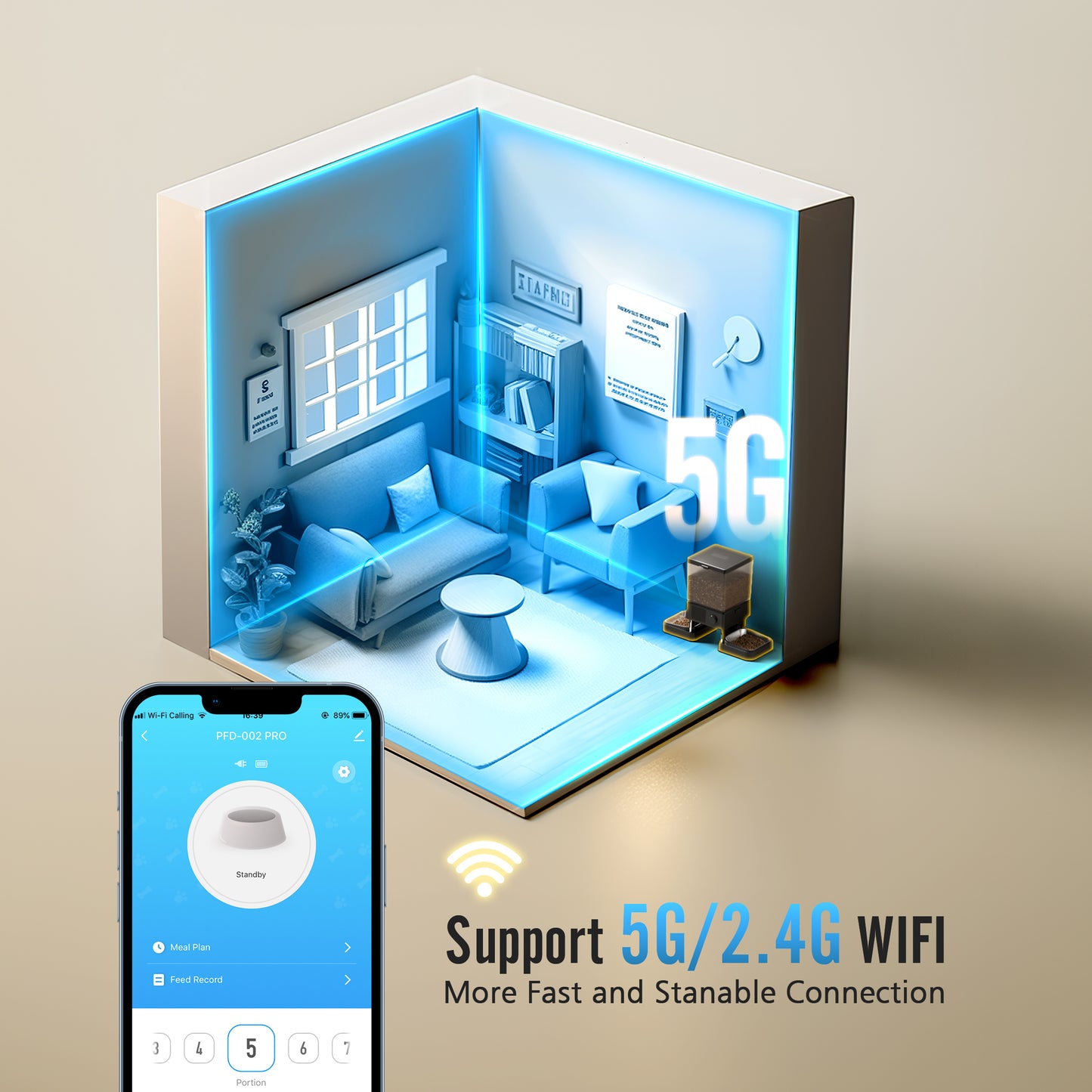 5L/20 Cups Automatic Cat Feeder with 5G Wifi & APP Control, PFD-002 PRO Double Bowl Cat Food Dispenser with 1 Desiccant Bag, Timed Automatic Pet Feeder for 2 Cats/2 Small Dogs - Black